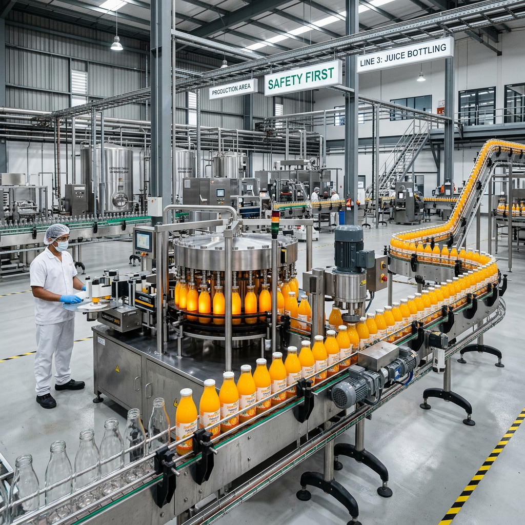 Automated orange juice bottling line with worker monitoring bottles on conveyor belt
